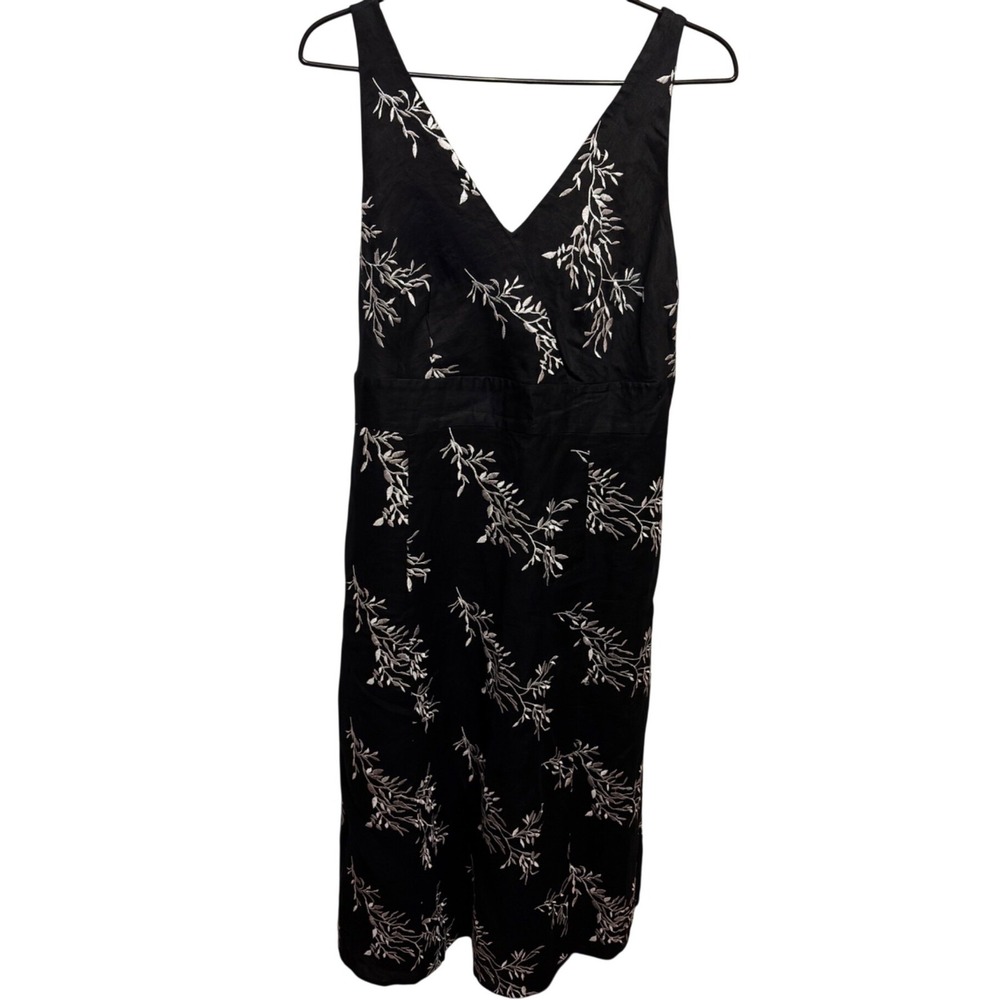 Peter Nygard Black Linen Embroidered Midi Dress White Leaf Pattern Women's 14